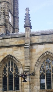 Drone in front of church.